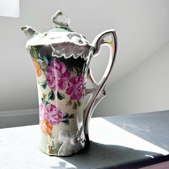 Chocolate Pot Porcelain Pitcher Floral White and Green - Picture 3 of 9